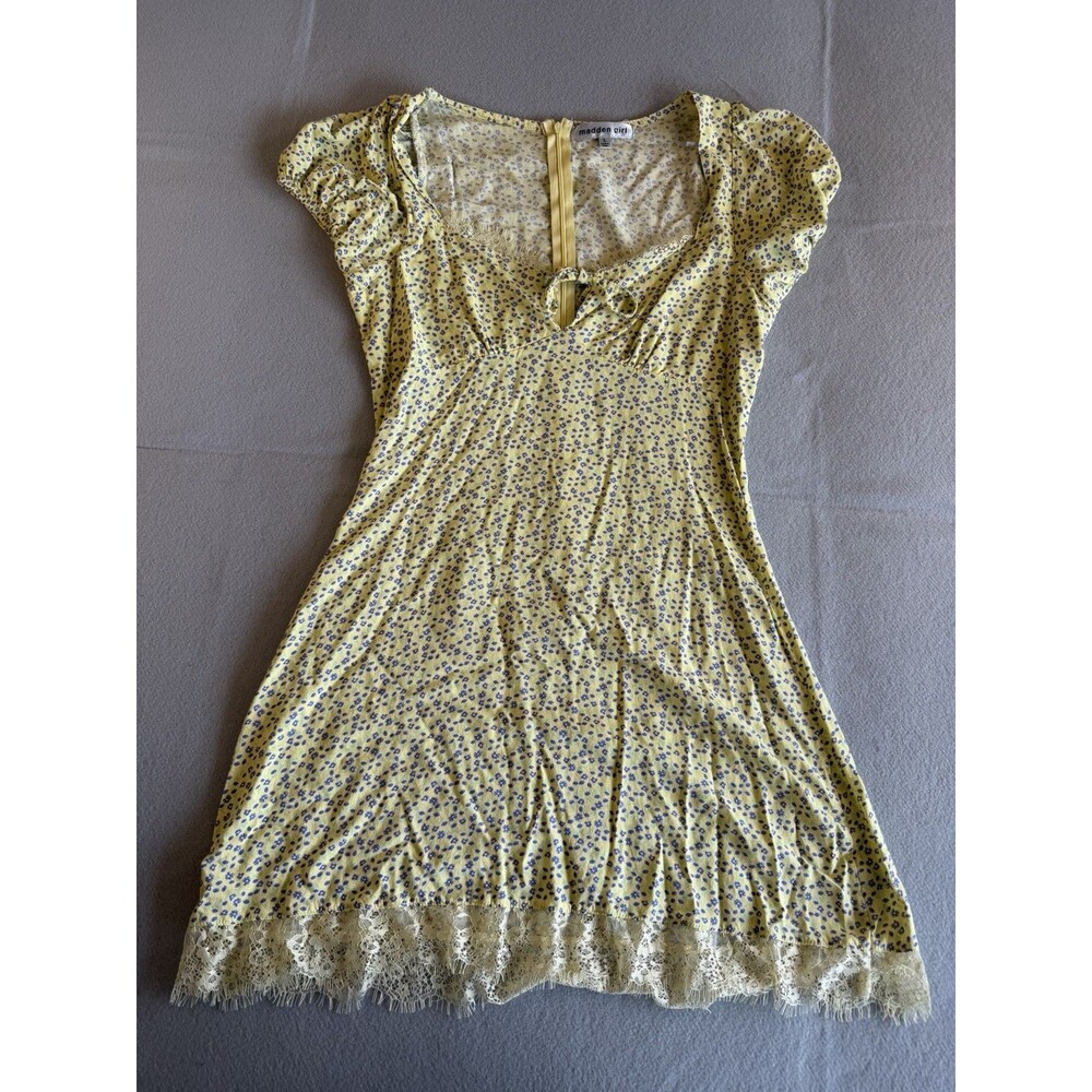 Madden Girl Yellow Blue Floral A-Line V-Neck Zip Knee Dress Rayon Size L